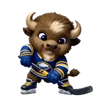 a cartoon buffalo wearing a sabres jersey holding a hockey stick