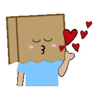 a cartoon drawing of a person with a cardboard box on their head blowing kisses