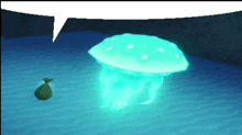 a glowing jellyfish is in the water next to a bag of money .