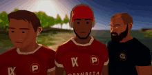 three men are standing next to each other with one wearing a shirt that says xp