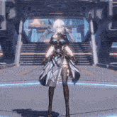 a girl in a dress with a sword is standing in front of a staircase with a robot in the background