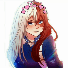 a drawing of a girl with half red and half white hair has hearts on her hair