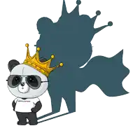 a panda bear wearing a crown and sunglasses is standing next to a shadow