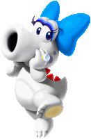 a white cartoon character with a blue bow around her head