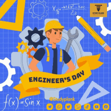 a poster for engineer 's day shows a man holding a wrench and gears