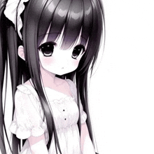 a black and white anime girl with long black hair and a white dress .