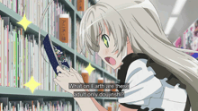 a girl is looking at a book in a library and says " what on earth are these adult-only doujinsh "