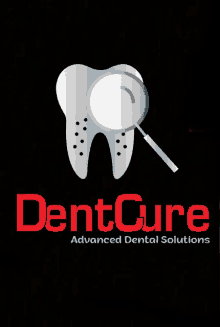 a logo for dentcure advanced dental solutions with a magnifying glass on a tooth