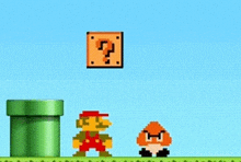 mario and goomba are playing a video game with a question mark block flying in the air .