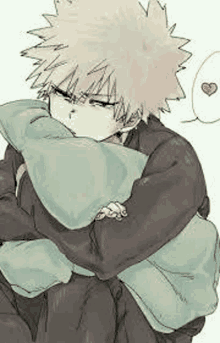 a drawing of a boy hugging a pillow with a heart in the background .