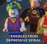 a group of lego figures are standing next to each other with the words emerges from depressive spiral on the bottom .