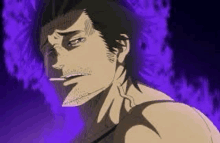 a man is smoking a cigarette in front of a purple background in a black clover anime .