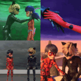a collage of four pictures of ladybug and chat noir