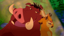 three cartoon characters from the lion king are standing next to each other and smiling .