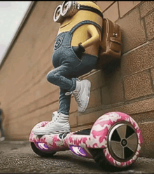 a minion is riding a hover board with a backpack on his back