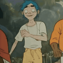 a cartoon character with blue hair and white eyes is smiling while standing next to two other characters .