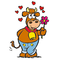 a cartoon cow is holding a flower with hearts around its head