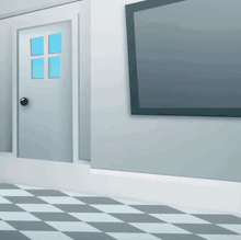 a cartoon drawing of a room with a door and a tv