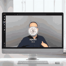 a computer screen shows a man with the word sipcall in front of him