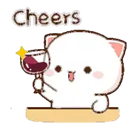 a cartoon cat is holding a glass of wine and the word cheers is behind it