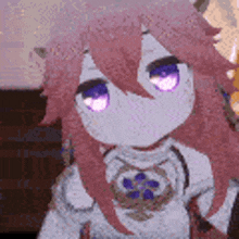 a cartoon girl with pink hair and purple eyes is wearing a white sweater .