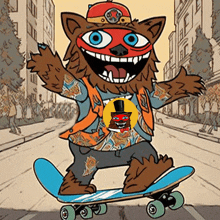 a cartoon of a werewolf riding a skateboard on a city street