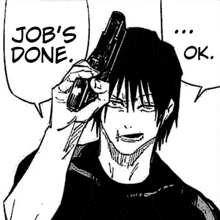 a black and white drawing of a man holding a gun in front of his head .