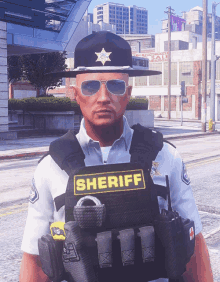 a sheriff wears a hat and sunglasses and has a vest that says sheriff