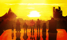 a group of people are standing in front of a castle at sunset