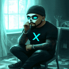 a man in a black shirt with an x on it