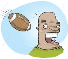 a cartoon man is smiling while a football is flying in the air .