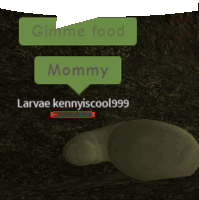 a green speech bubble says gimme food mommy