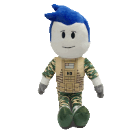 a stuffed toy with blue hair is wearing a camo outfit and a vest that says hd