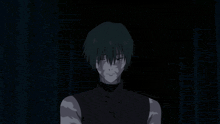 a man with black hair and white spots on his body is standing in the dark