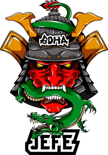 a cartoon drawing of a samurai helmet with the name adha written on the top