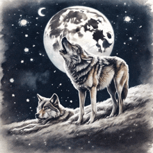 two wolves are howling at the full moon