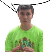 a young man wearing a green shirt with a speech bubble above his head