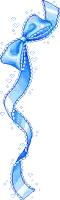 a pixel art drawing of a blue and white bow with hearts around it
