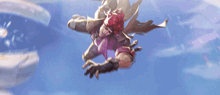 a man with red hair is flying through a blue sky