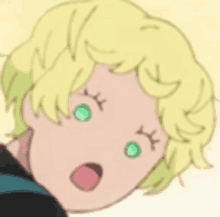 a close up of a cartoon character with yellow hair and green eyes making a surprised face .