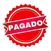 a red circle with a red ribbon that says pago on it