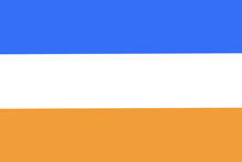 a blue , white , and orange flag is flying in the wind on a white background .