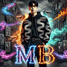 a man in a black jacket with snakes on it and the word mb