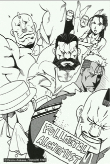 a black and white drawing of a group of people holding a sign that says fullmetal alchemist