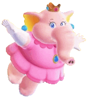 a pink elephant is wearing a pink dress and crown .