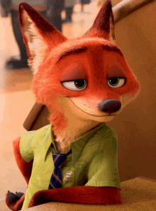 a cartoon fox wearing a green shirt and tie is sitting on a table .