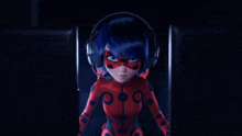 a ladybug cartoon character wearing headphones and a red and black suit