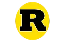 a black letter r is in a yellow circle on a white background