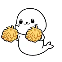 a seal with two yellow pom poms on its head