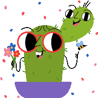 a cartoon cactus wearing sunglasses and holding flowers